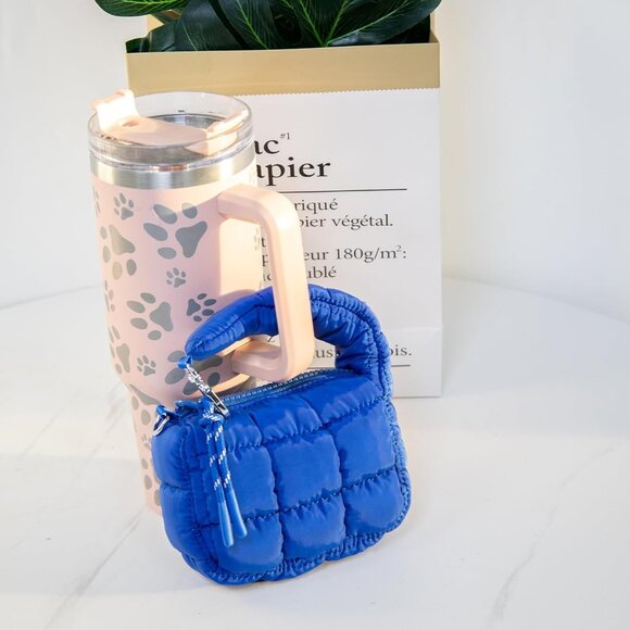 Women's Blue Mini Quilted Wristlet Pouch Cute Charm Gift Puffer Evening Handbag - Picture 5 of 7